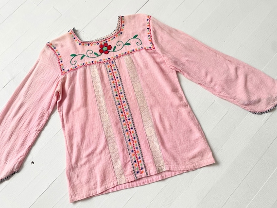 1970s Embroidered Pink Gauze Top - image 1