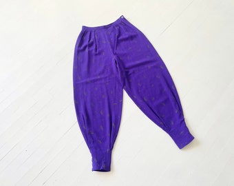 1980s Jean Muir Royal Purple Printed Wool Harem Pants