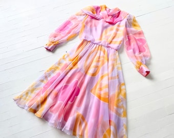 1970s Pastel Pink Purple Orange Chiffon Dress