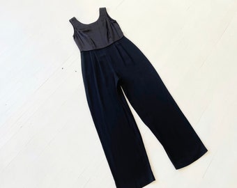 1980s Black Satin + Rayon Crepe Jumpsuit