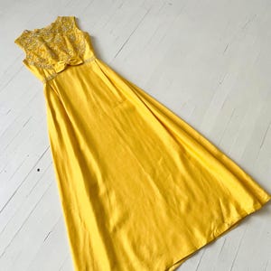 1960s Embroidered Sequin Mustard Yellow Linen Maxi Gown with Bow on Waist