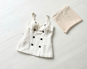 1990s Gianfranco Ferre White Tuxedo Top with Pearl Straps and Matching Scarf