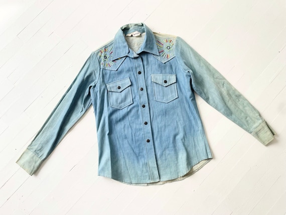 1970s Embroidered Beaded Blue Denim Shirt - image 2