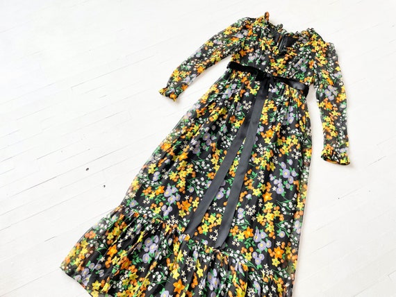 1960s Dark Floral Chiffon Maxi Dress - image 7