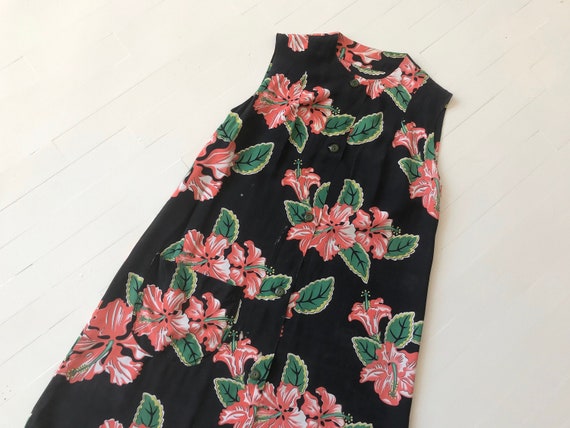 1940s Hibiscus Print Rayon Dress