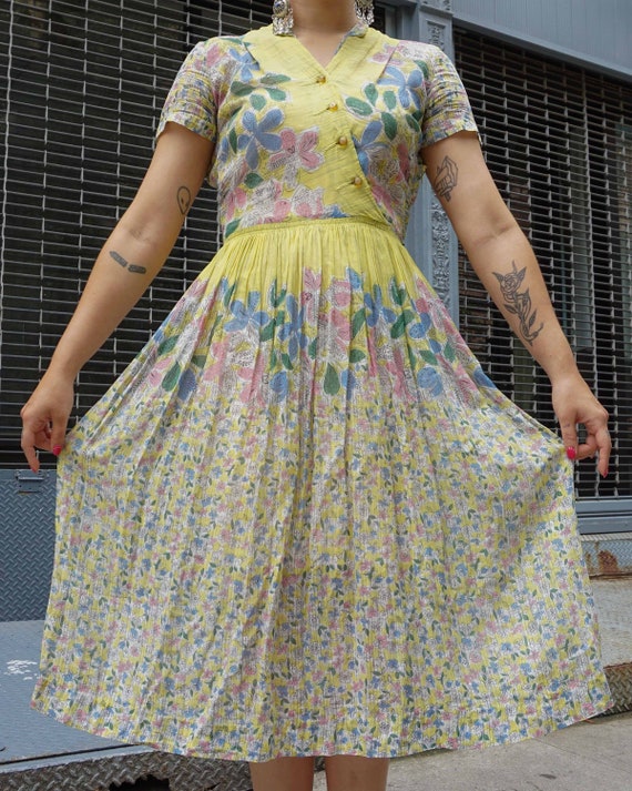 1950s Floral Print Cotton Voile Dress