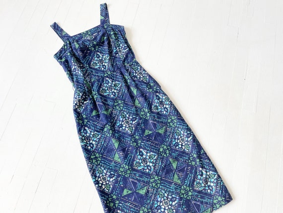 1950s Blue Batik Print Wiggle Dress - image 1