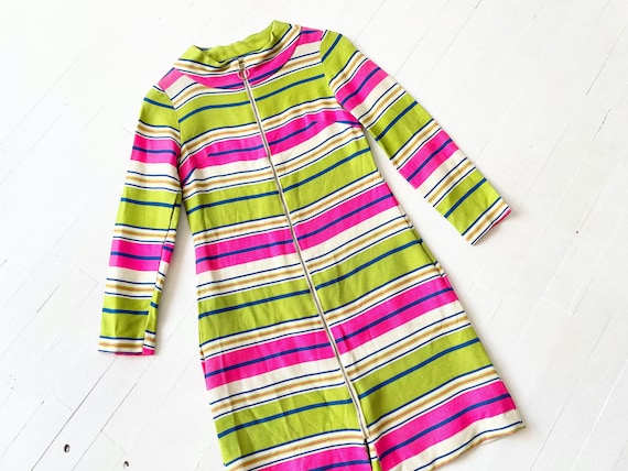 1970s Circle Zip Front Striped Minidress - image 1