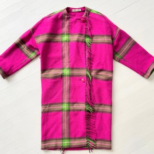 Vintage Pink Green Plaid Wool Coat with Fringe image 3