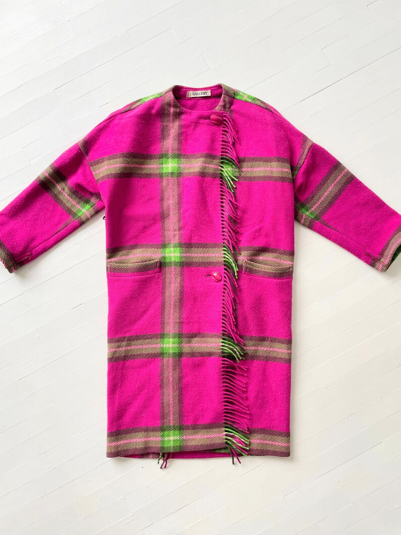 Vintage Pink Green Plaid Wool Coat with Fringe image 3
