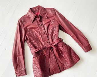 1970s Oxblood Red Leather Woven Belted Jacket
