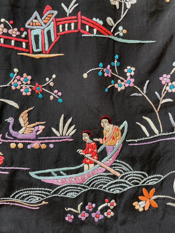 Vintage Embroidered Chinoiserie Black Silk Jacket - image 4