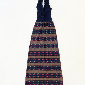 1970s Crissa Patterned Navy Knit Maxi Halter Dress with Ruffled Neckline image 2