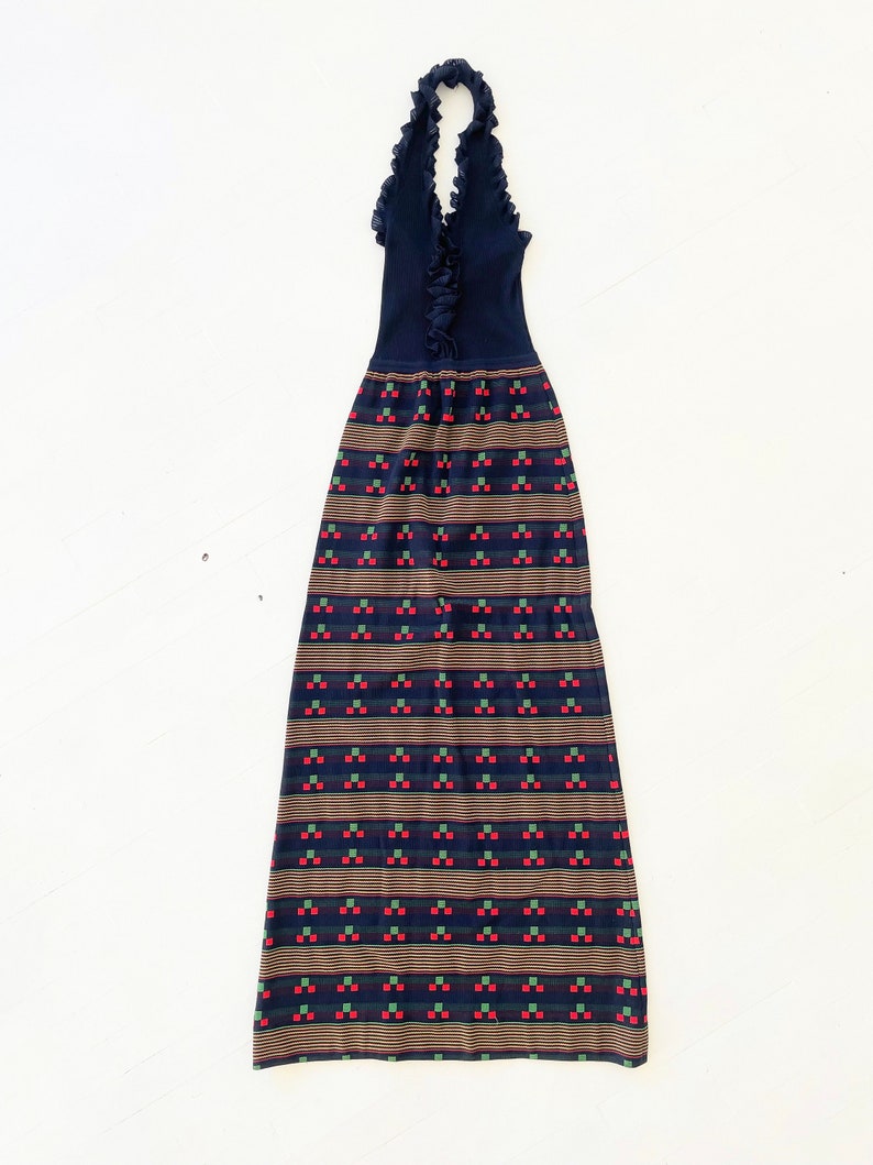 1970s Crissa Patterned Navy Knit Maxi Halter Dress with Ruffled Neckline image 2