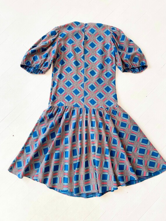 1980s Blue + Red Plaid Belted Puff Sleeve Dress - image 5