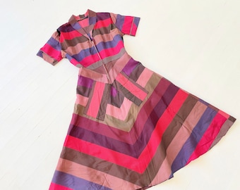 1940s Striped Taffeta Zip Front Dress