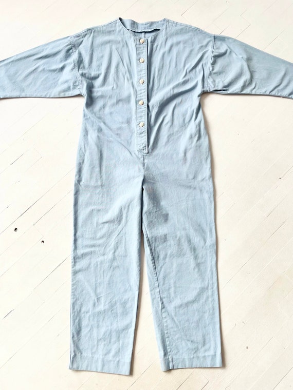 Vintage Blue Cotton Jumpsuit with White Buttons - image 3