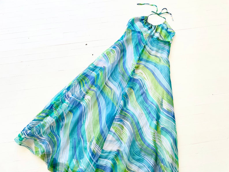 1970s Blue Green Printed Chiffon Halter Neck Maxi Dress with Matching Scarf image 7