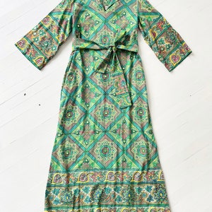 1970s Ramona Rull Green Printed Caftan Dress with Embellished Mirrors image 3