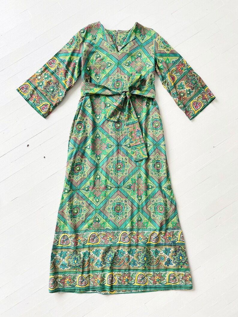 1970s Ramona Rull Green Printed Caftan Dress with Embellished Mirrors image 3