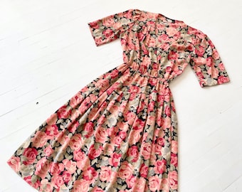 1980s Rose Print Dress