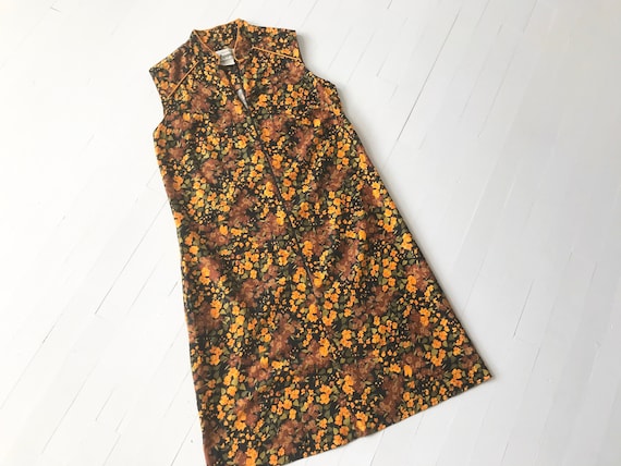 1970s Orange Floral Print Zip Front Dress