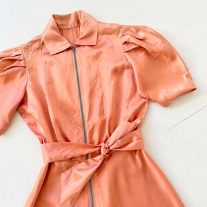 1940s Peach Pink Rayon Satin Puff Sleeve Zip Front Dress image 2