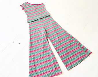 1970s Betsey Johnson Alley Cat Striped One Shoulder Wide Leg Two Piece Set