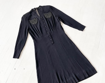 1940s Studded Black Rayon Crepe Dress