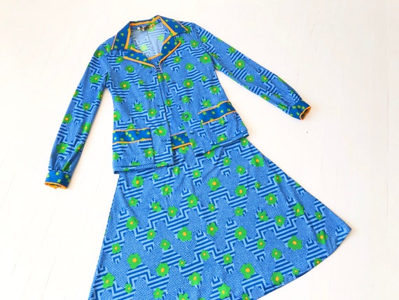 1970s Blue Floral Print Three Piece Set