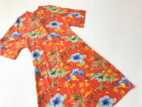 1970s Blood Orange Rayon Tropical Print Dress