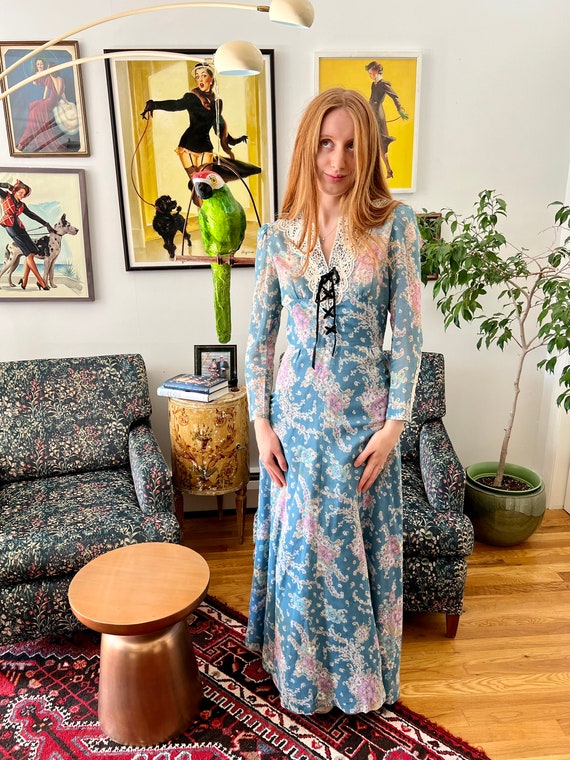 1970s Floral Lace Up Prairie Dress