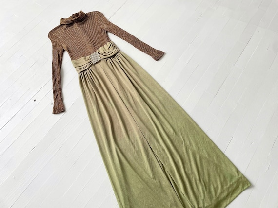 1970s Metallic Gold + Green Dress with Rhinestone… - image 1