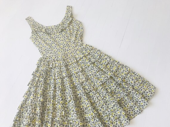 1950s Ruffled Rose Print Rhinestone Dress
