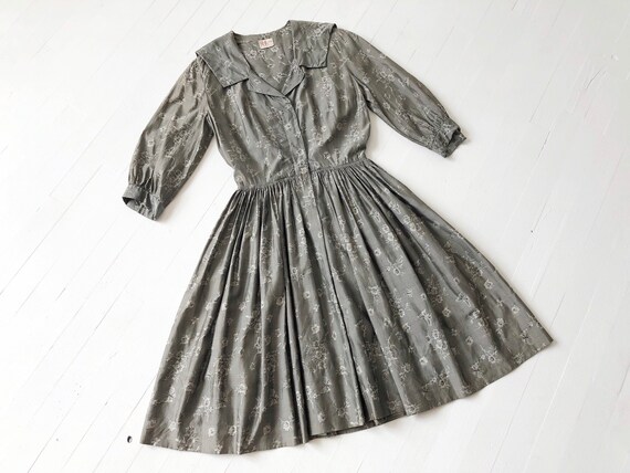 1950s Grey Floral + Butterfly Print Dress