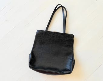 Vintage Italian Made Embossed Black Leather Tote Bag