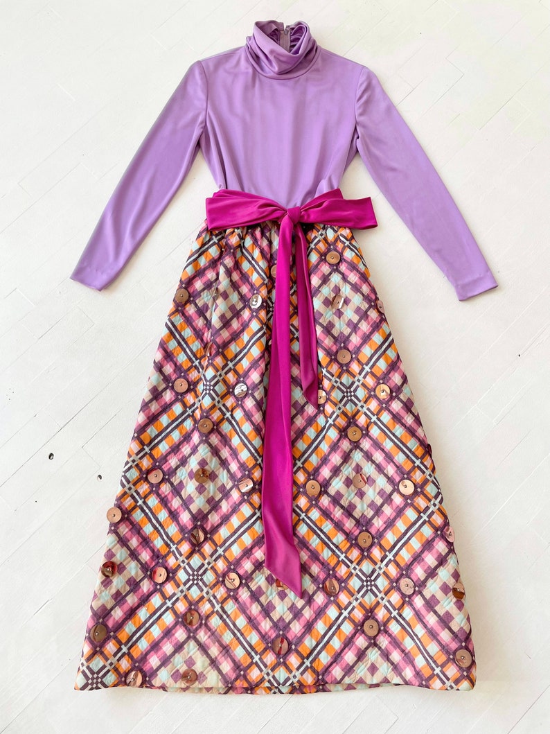 1970s Purple Patterned Paillette Maxi Dress image 3