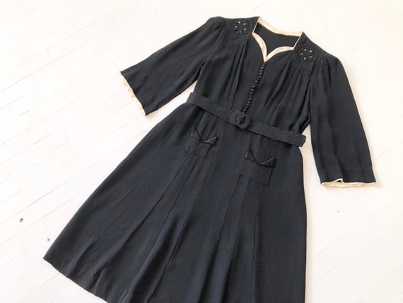 1940s Embroidered Black + White Rayon Crepe Dress