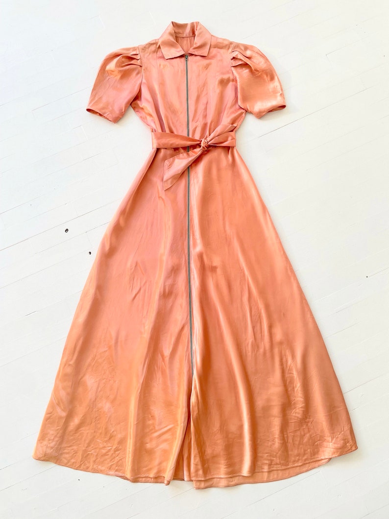 1940s Peach Pink Rayon Satin Puff Sleeve Zip Front Dress image 3