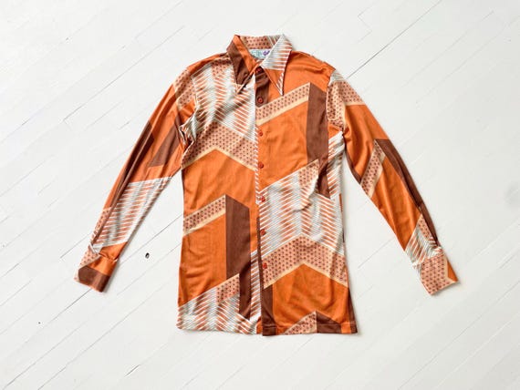 1970s Huk A Poo Rust Print Dagger Collar Shirt - image 1