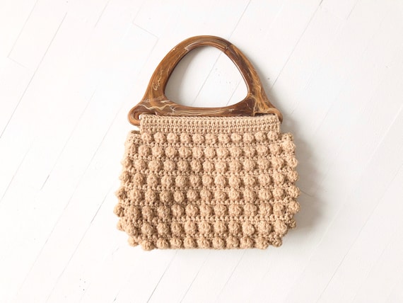 1970s Crochet Popcorn Knit Top Handle Bag