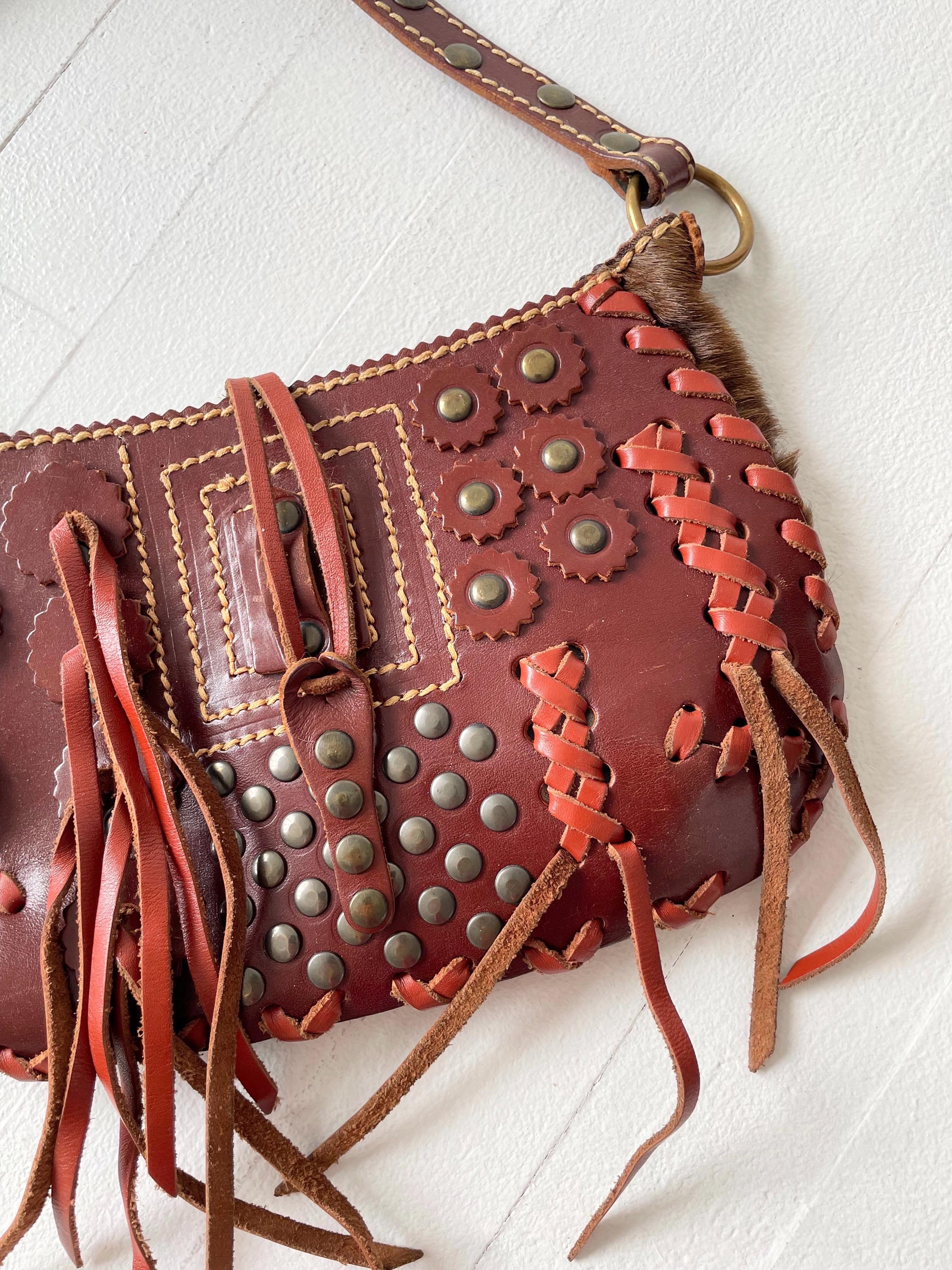 1990s Studded Lace-up Fringe Brown Leather Bag - Etsy