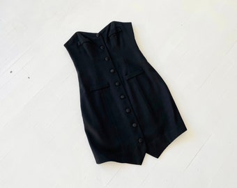 Vestido corto de esmoquin de lana negra de los años 80, sin tirantes y con ballenas, talla M Vintage