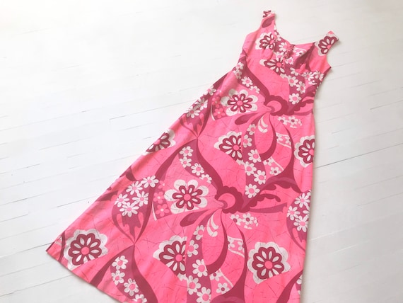 1960s Neon Pink Floral Maxi Dress