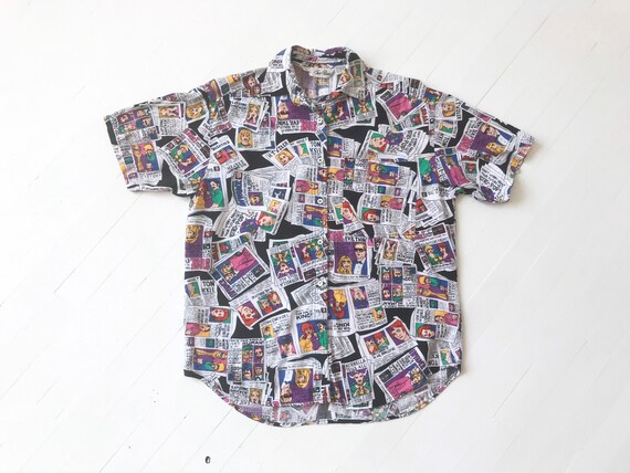 1990s Bill Blass Newspaper Print Shirt