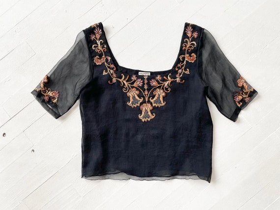Vintage Embroidered Black Silk Blouse - image 1