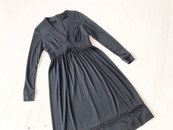 1970s Black Lace Up Dress
