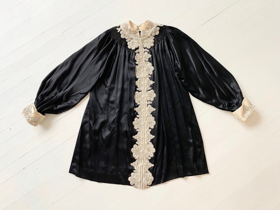 1970s Embellished Black Satin Dress with Balloon … - image 3