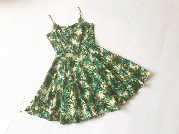 1950s Green Floral Print Dress