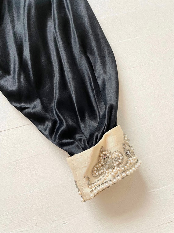 1970s Embellished Black Satin Dress with Balloon … - image 4